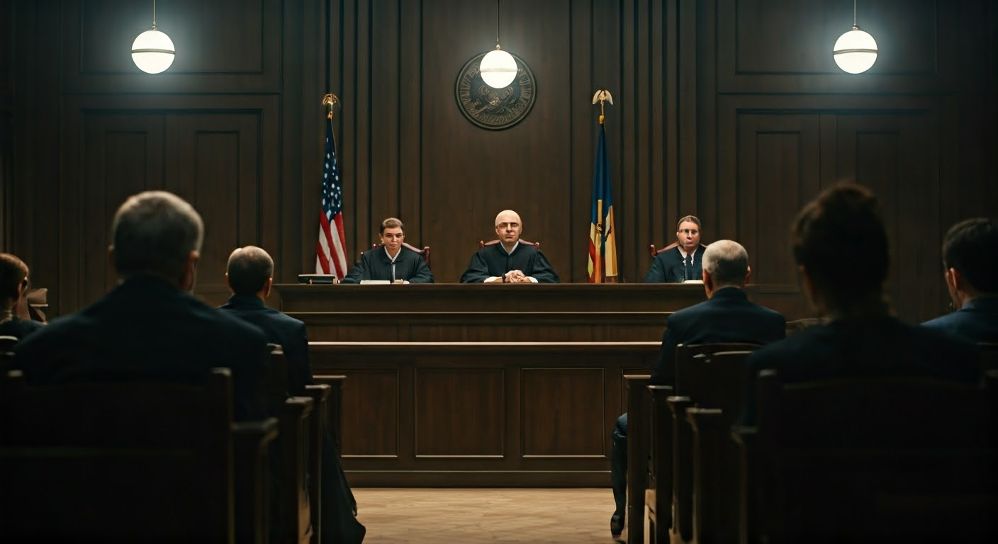 Cinematic courtroom during high-profile trial