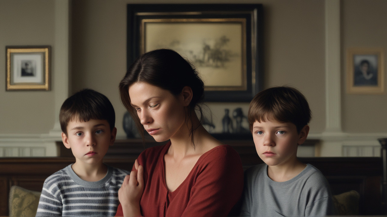 Mother and children with emotional tension.