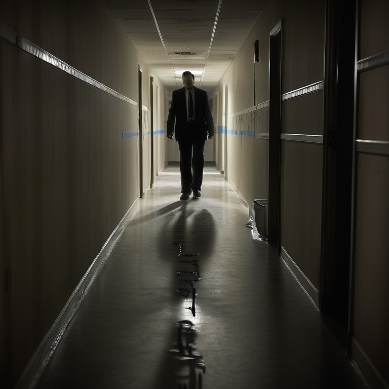 Dim corridor with a faint outline of a body and crime scene markings, evoking a sense of tragedy.