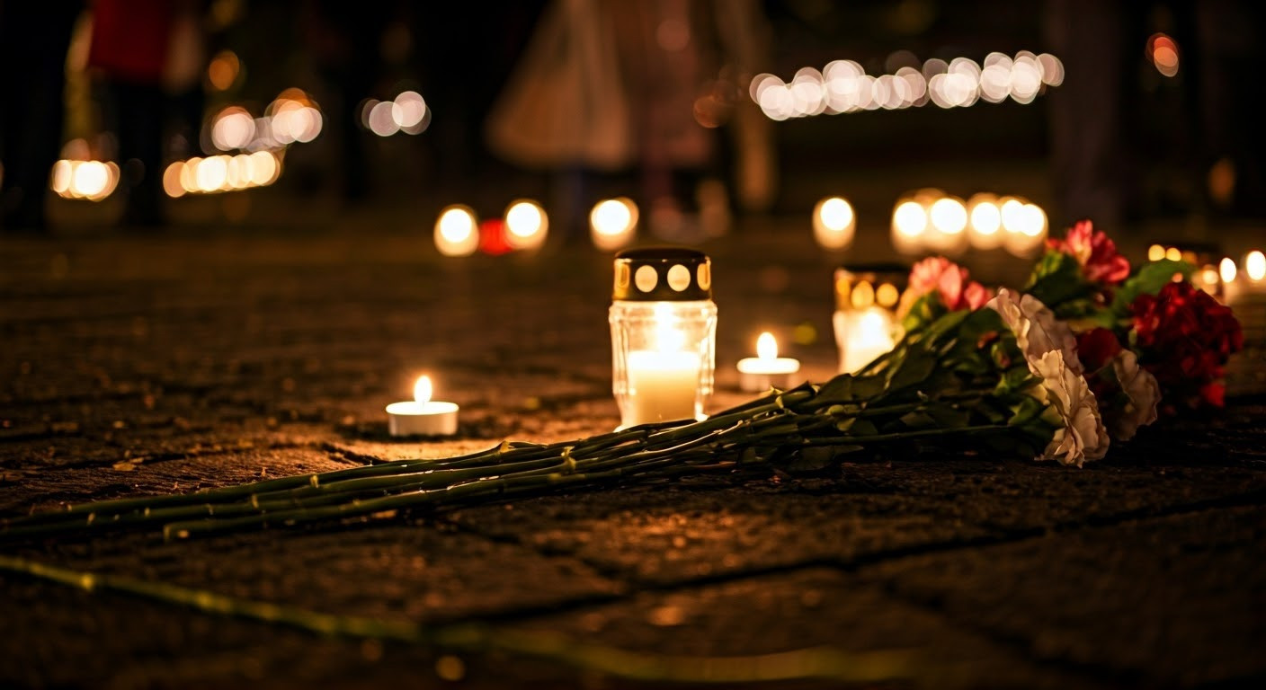 Memorial site with candles and flowers.